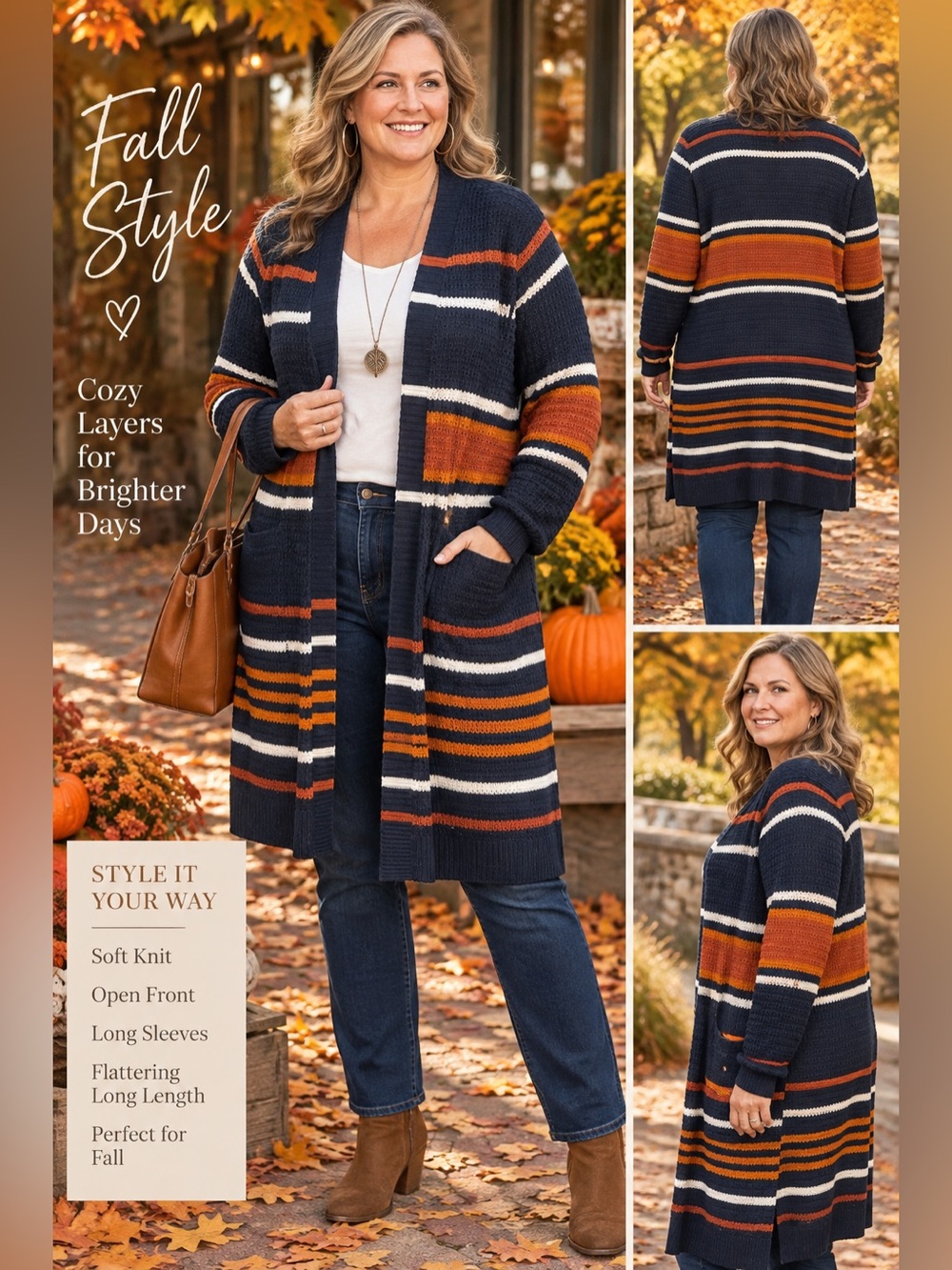 Macy's Navy Open-Front Striped Cardigan with Rust & Cream